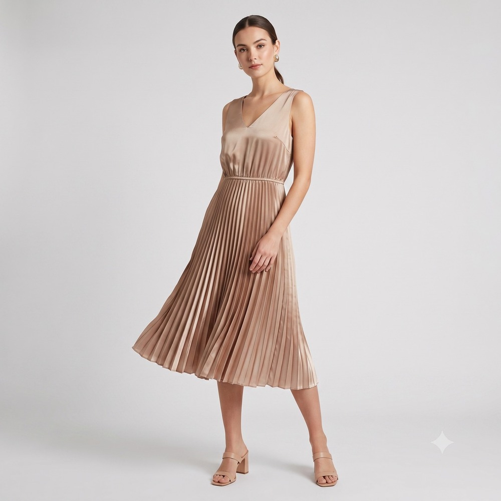 Current Air Anthropologie Champagne Satin Pleated Midi Dress V-Neck Beige Small